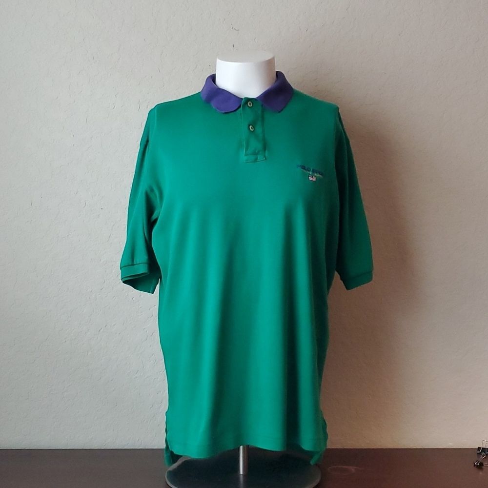 VTG Polo Sport Ralph Lauren Polo Shirt Large Green Purple Collar USA Flag EUC